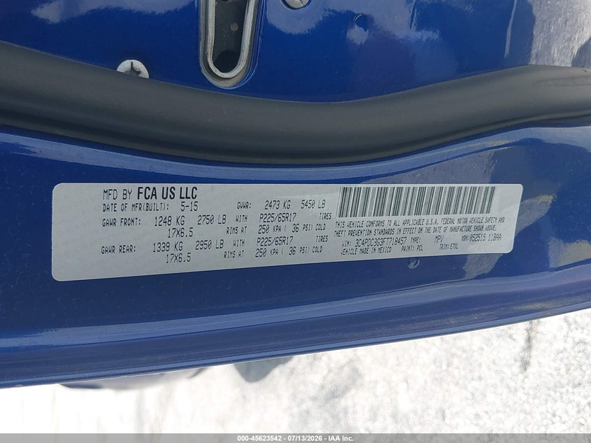 2015 Dodge Journey VIN 3C4PDCBG3FT718457 IAAI salvage auction — NORMAL WEAR, Salvage (Florida), sold $375 on 2026-08-12 (photo 9)