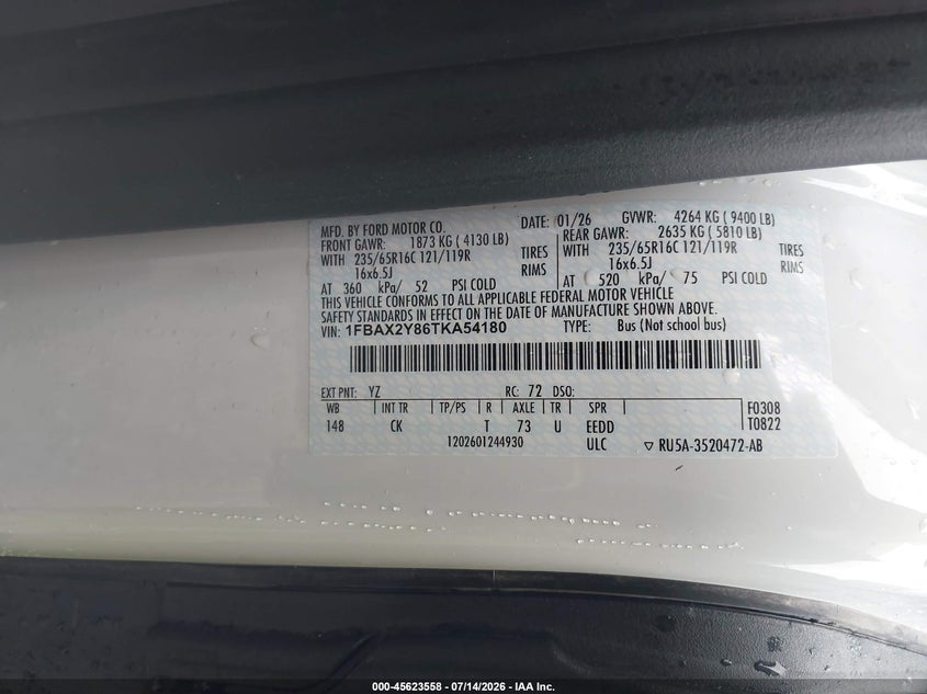 2026 Ford Transit-350 VIN 1FBAX2Y86TKA54180 IAAI salvage auction — LEFT FRONT, Enterprise Vehicles Clear Only (Texas), sold $20,750 on 2026-07-30 (photo 9)