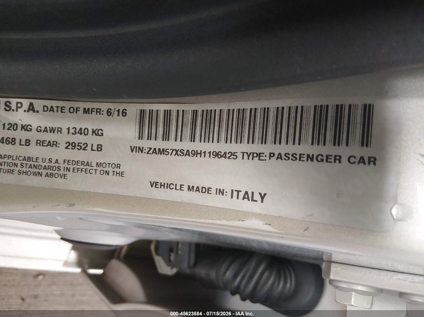 2017 Maserati Ghibli VIN ZAM57XSA9H1196425 IAAI salvage auction — FRONT END, Original (Texas), sold $2,475 on 2026-07-31 (photo 9)