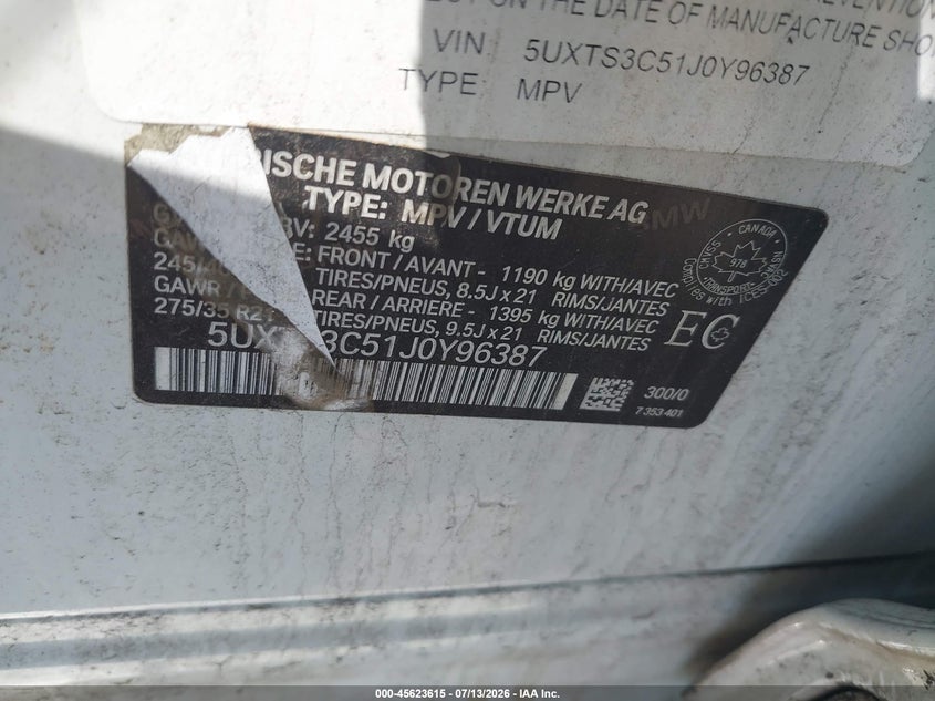2018 BMW X3 VIN 5UXTS3C51J0Y96387 IAAI salvage auction — NORMAL WEAR, Salvage Title, sold $3,550 on 2026-07-21 (photo 9)