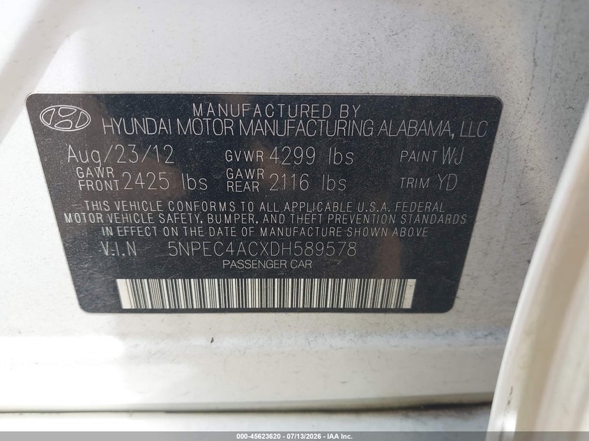 2013 Hyundai Sonata VIN 5NPEC4ACXDH589578 IAAI salvage auction — UNKNOWN, Clear (Alabama), sold $550 on 2026-07-22 (photo 9)