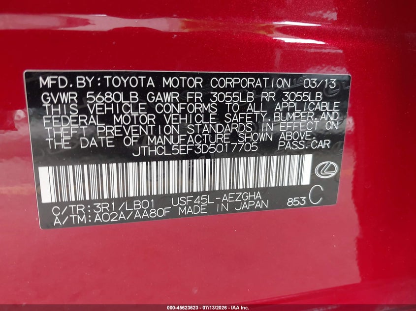 2013 Lexus VIN JTHCL5EF3D5017705 IAAI salvage auction — FRONT END, Salvage Title, sold $10,000 on 2026-07-31 (photo 9)