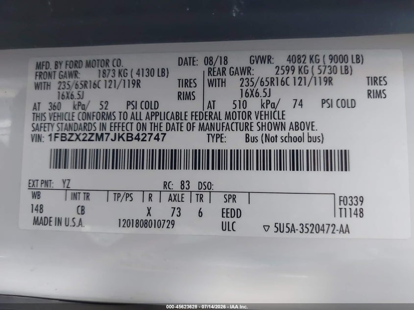 2018 Ford Transit-350 VIN 1FBZX2ZM7JKB42747 IAAI salvage auction — NORMAL WEAR, Sf97 (South Dakota), sold $14,050 on 2026-09-03 (photo 9)