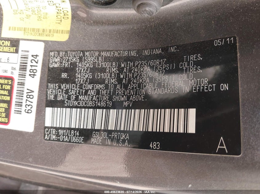 2011 Toyota Sienna VIN 5TDYK3DC0BS148619 IAAI salvage auction — FRONT & REAR, Mv-907A (New York), sold $1,050 on 2026-07-28 (photo 9)