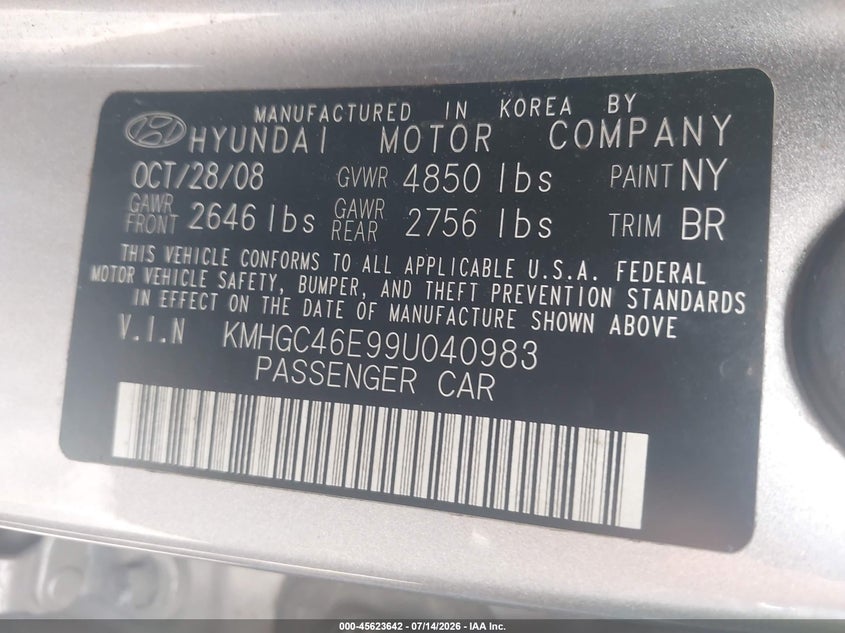 2009 Hyundai Genesis VIN KMHGC46E99U040983 IAAI salvage auction — SIDE, Salvage (Pennsylvania), sold $325 on 2026-07-31 (photo 9)