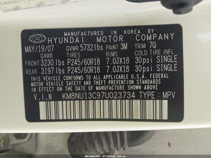 2007 Hyundai Veracruz VIN KM8NU13C97U023734 IAAI salvage auction — REAR END, Original (Texas), sold $650 on 2026-08-28 (photo 9)
