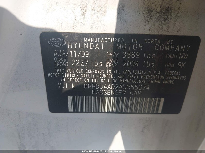 2010 Hyundai Elantra VIN KMHDU4AD2AU855674 IAAI salvage auction — LEFT SIDE, Salvage (Pennsylvania), sold $450 on 2026-07-28 (photo 9)