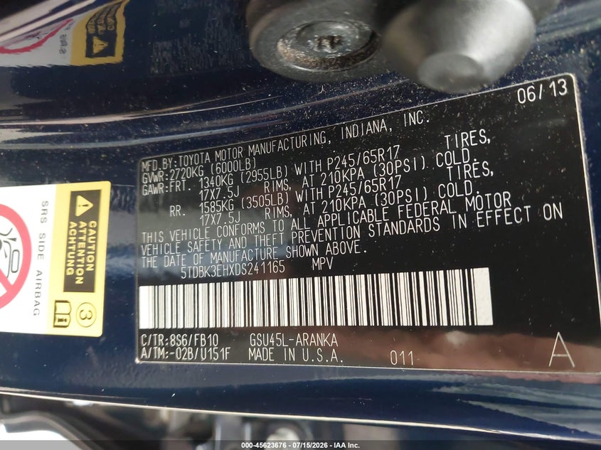 2013 Toyota Highlander VIN 5TDBK3EHXDS241165 IAAI salvage auction — REAR END, Wait Title, sold $2,175 on 2026-08-01 (photo 9)