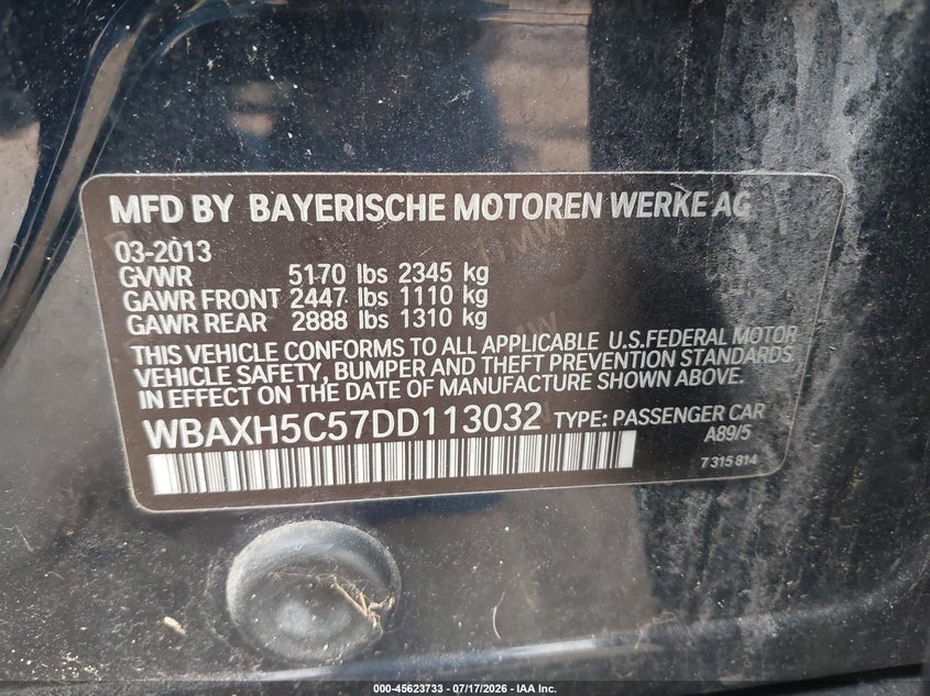 2013 BMW 5 series VIN WBAXH5C57DD113032 IAAI salvage auction — NORMAL WEAR, Clear (Indiana), sold $250 on 2026-07-28 (photo 9)