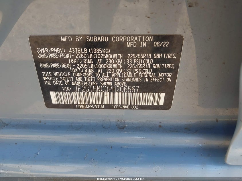 2023 Subaru Xv VIN JF2GTHNC0PH206567 IAAI salvage auction — LEFT FRONT, Mv-907A (New York), sold $5,300 on 2026-07-29 (photo 9)