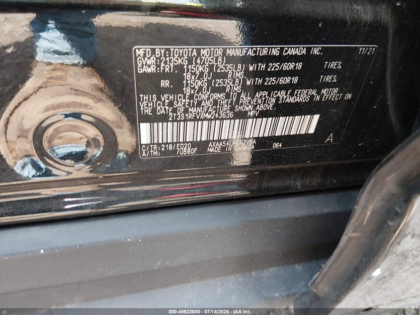 2021 Toyota Rav 4 VIN 2T3S1RFVXMW243636 IAAI salvage auction — FRONT END, Salvage Title, sold $9,200 on 2026-07-31 (photo 9)
