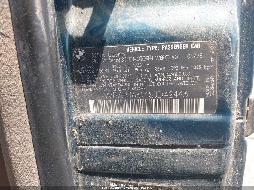 1995 BMW 3 series VIN WBABJ6321SJD42463 IAAI salvage auction — NORMAL WEAR, Clear (Tennessee), sold $225 on 2026-08-04 (photo 8)