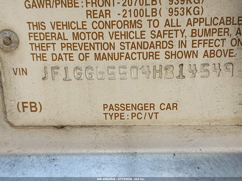 2004 Subaru Impreza VIN JF1GG65504H814549 IAAI salvage auction — NORMAL WEAR, Clear-Dealer Only (Maryland), sold $275 on 2026-07-23 (photo 9)