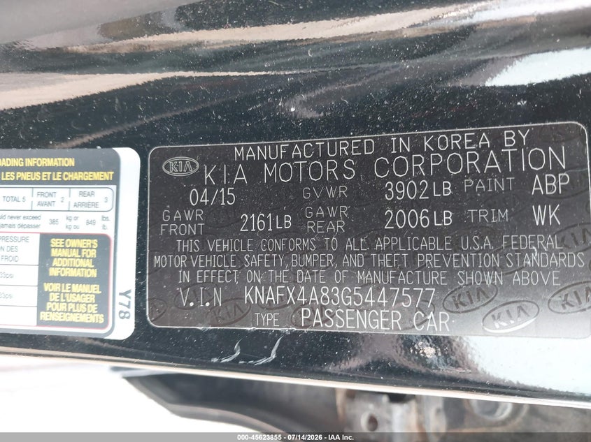 2016 Kia Forte VIN KNAFX4A83G5447577 IAAI salvage auction — UNKNOWN, Salvage (Pennsylvania), sold $425 on 2026-07-31 (photo 9)