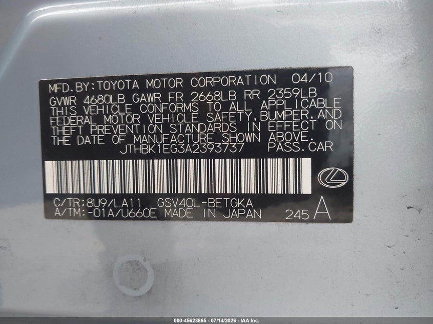 2010 Lexus ES VIN JTHBK1EG3A2393737 IAAI salvage auction — FRONT END, Original (Texas), sold $2,050 on 2026-08-31 (photo 9)
