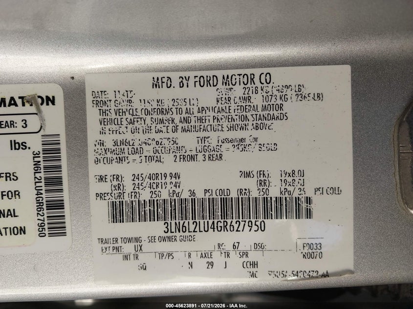 2016 Lincoln Mkz VIN 3LN6L2LU4GR627950 IAAI salvage auction — FRONT END, Original (Texas), sold $950 on 2026-09-21 (photo 9)