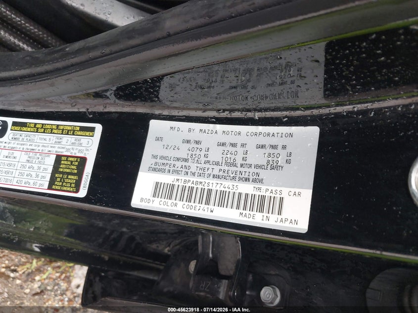 2025 Mazda 3 VIN JM1BPABM2S1774435 IAAI salvage auction — WATER/FLOOD, Rebuildable (Florida), sold $3,050 on 2026-07-23 (photo 9)