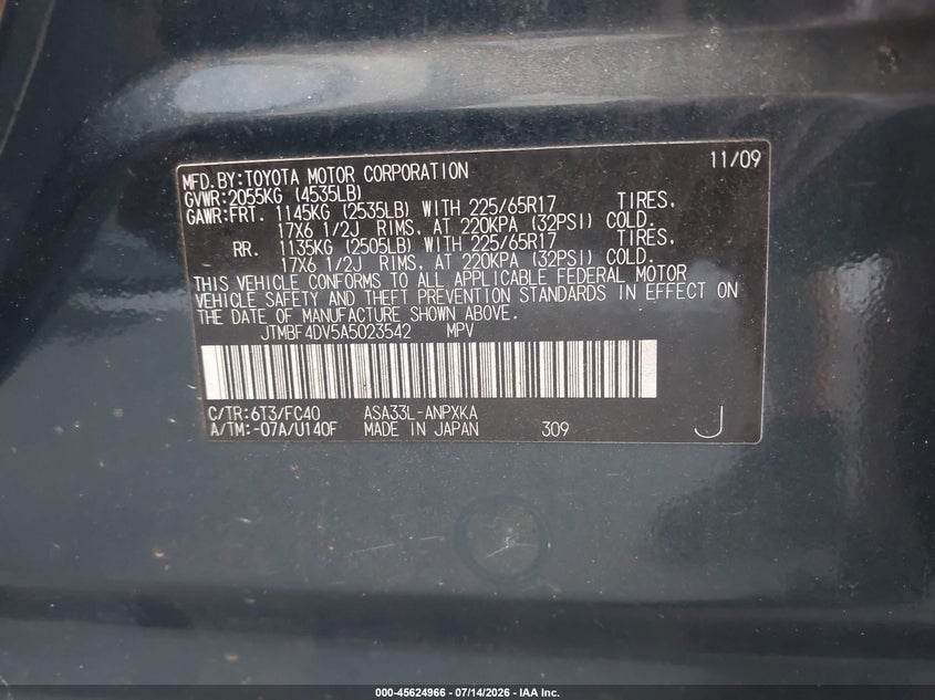 2010 Toyota Rav4 VIN JTMBF4DV5A5023542 IAAI salvage auction — FRONT END, Rebuildable (Florida), sold $2,250 on 2026-08-02 (photo 9)