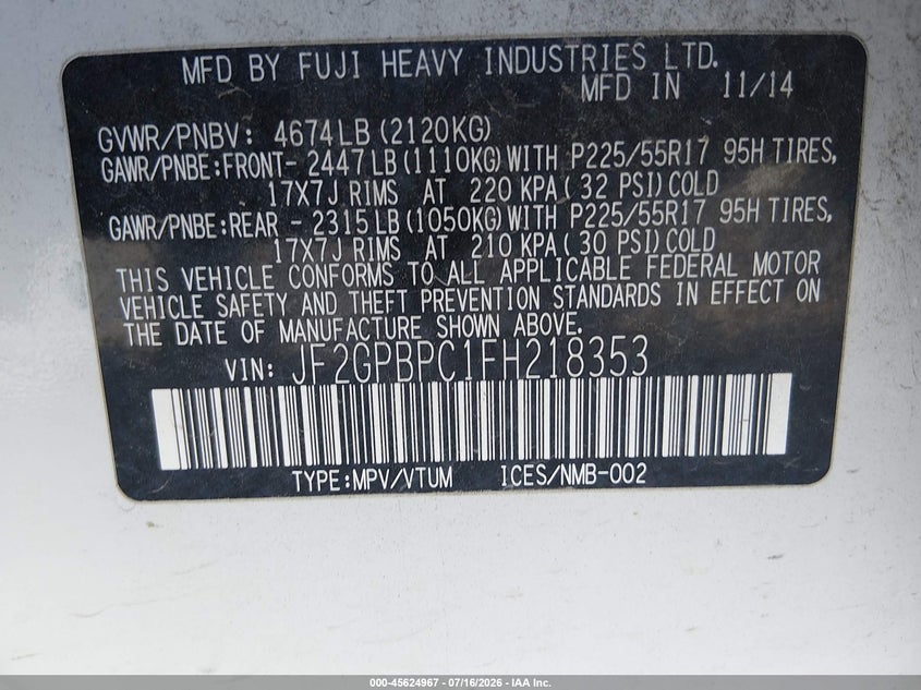 2015 Subaru Xv VIN JF2GPBPC1FH218353 IAAI salvage auction — NORMAL WEAR, Clear (Utah), sold $2,200 on 2026-07-31 (photo 9)
