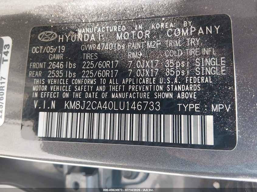 2020 Hyundai Tucson VIN KM8J2CA40LU146733 IAAI salvage auction — ROOF, Salvage (Pennsylvania), sold $2,450 on 2026-07-31 (photo 9)