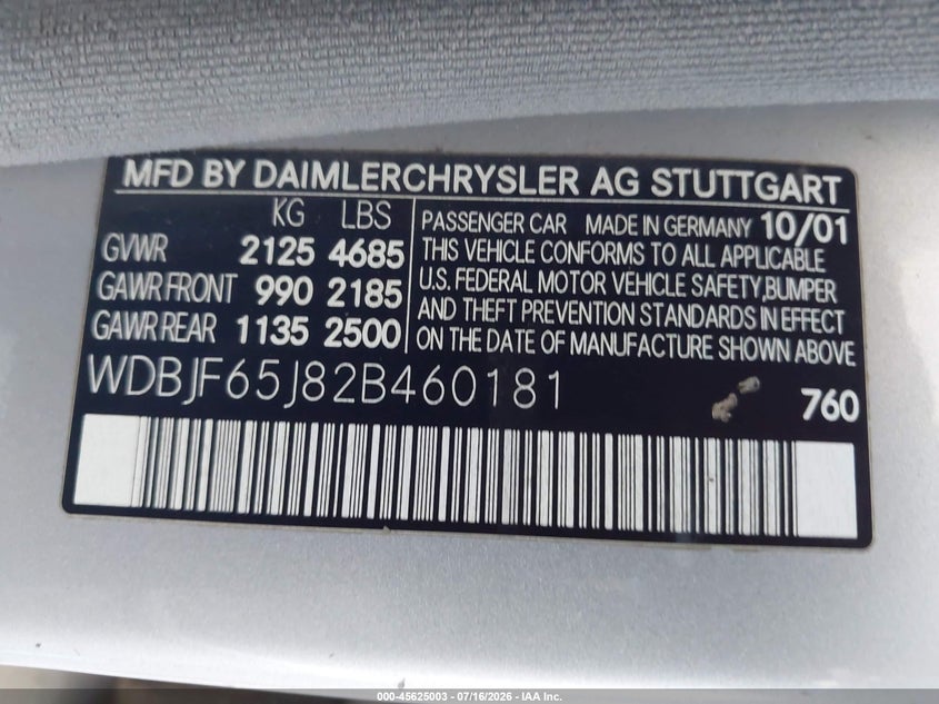 2002 Mercedes-benz E-class VIN WDBJF65J82B460181 IAAI salvage auction — NORMAL WEAR, Clear - Dealer Only (California), sold $275 on 2026-07-28 (photo 9)