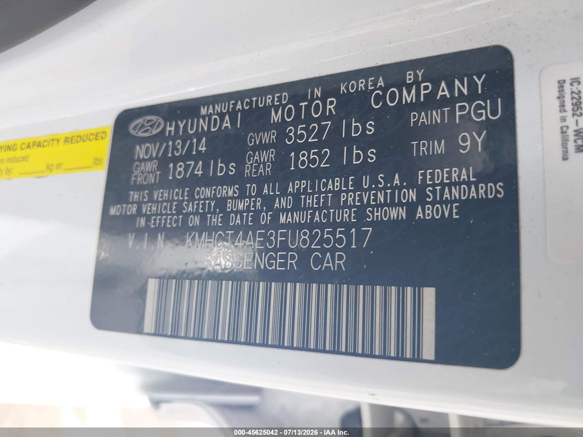 2015 Hyundai Accent VIN KMHCT4AE3FU825517 IAAI salvage auction — NORMAL WEAR, Original (Texas), sold $25 on 2026-07-29 (photo 9)