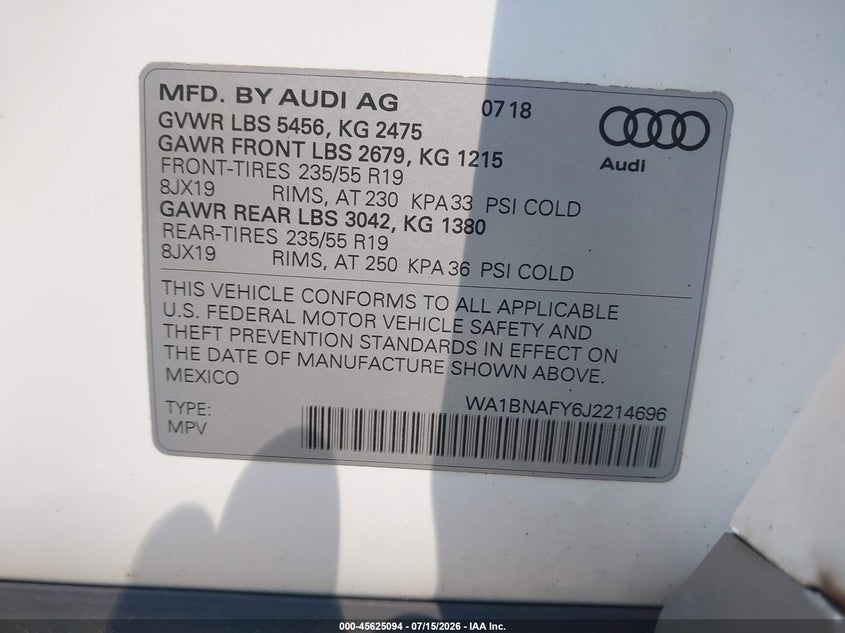 2018 Audi Q5 VIN WA1BNAFY6J2214696 IAAI salvage auction — FRONT END, Salvage (New Jersey), sold $5,900 on 2026-07-29 (photo 9)