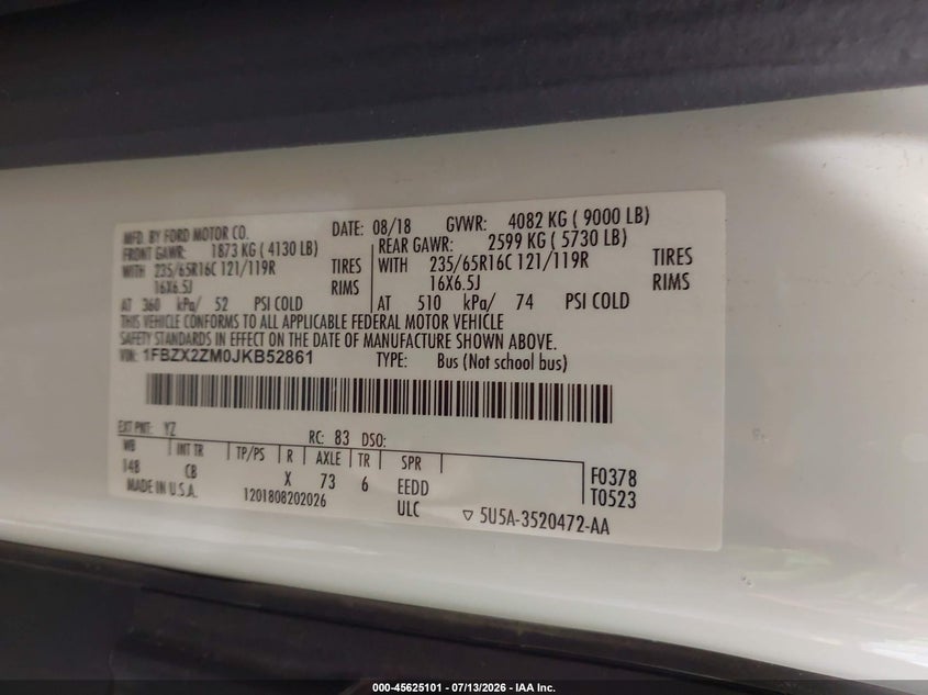2018 Ford Transit-350 VIN 1FBZX2ZM0JKB52861 IAAI salvage auction — HAIL, Sf97 (Kansas), sold $19,100 on 2026-09-03 (photo 9)