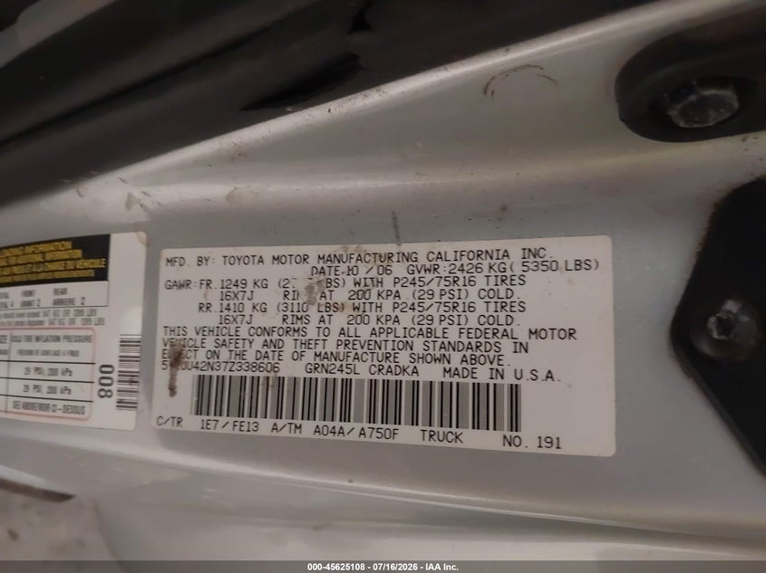 2007 Toyota Tacoma VIN 5TEUU42N37Z338606 IAAI salvage auction — RIGHT SIDE, Mv-907A (New York), sold $5,700 on 2026-07-30 (photo 9)