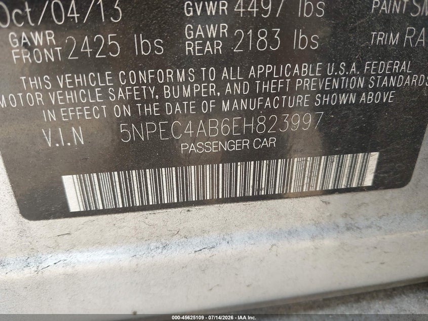 2014 Hyundai Sonata VIN 5NPEC4AB6EH823997 IAAI salvage auction — NORMAL WEAR, Clear (Virginia), sold $1,300 on 2026-07-20 (photo 9)