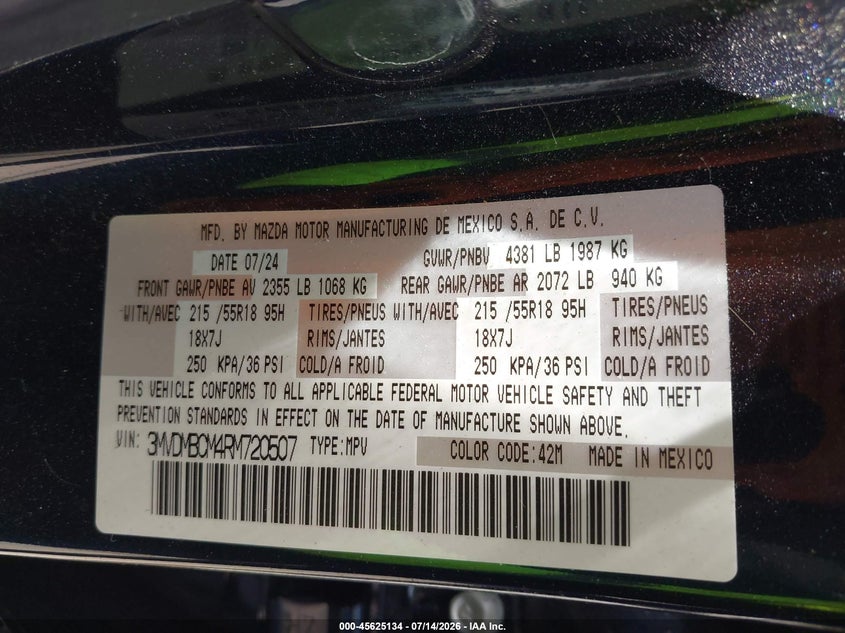 2024 Mazda Cx-30 VIN 3MVDMBCM4RM720507 IAAI salvage auction — BIOHAZARD/CHEMICAL, Wait Title, sold $1,400 on 2026-10-03 (photo 9)