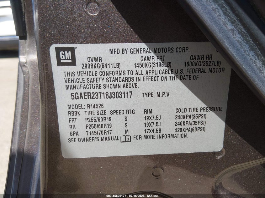 2008 Buick Enclave VIN 5GAER23718J303117 IAAI salvage auction — NORMAL WEAR, Clear - Dealer Only (California), sold $1,050 on 2026-07-22 (photo 9)