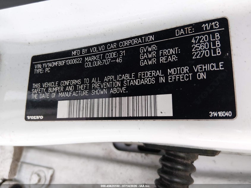 2015 Volvo S60 VIN YV140MFB0F1300622 IAAI salvage auction — ENGINE BURN, Non-Repairable (Texas), sold $100 on 2026-08-20 (photo 9)