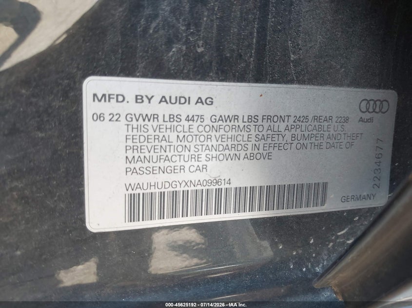 2022 Audi A3 VIN WAUHUDGYXNA099614 IAAI salvage auction — RIGHT FRONT, Salvage - Greater Than 75% (Maryland), sold $7,250 on 2026-08-28 (photo 9)
