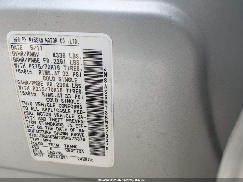 2011 Nissan Rogue sport VIN JN8AS5MT3BW573379 IAAI salvage auction — NORMAL WEAR, Original (Texas), sold $525 on 2026-07-29 (photo 9)