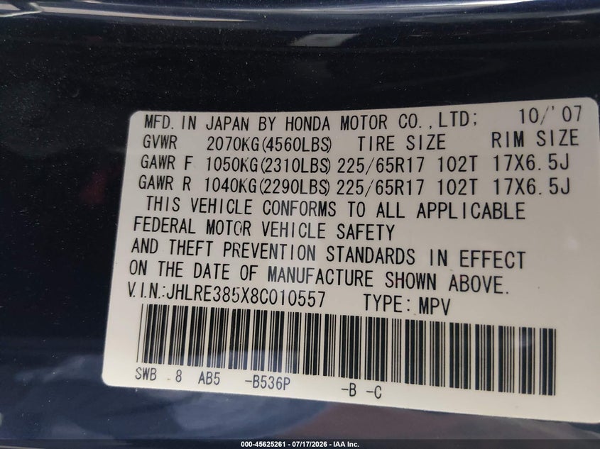 2008 Honda Cr-v VIN JHLRE385X8C010557 IAAI salvage auction — NORMAL WEAR, Clear (Nevada), sold $75 on 2026-07-24 (photo 9)