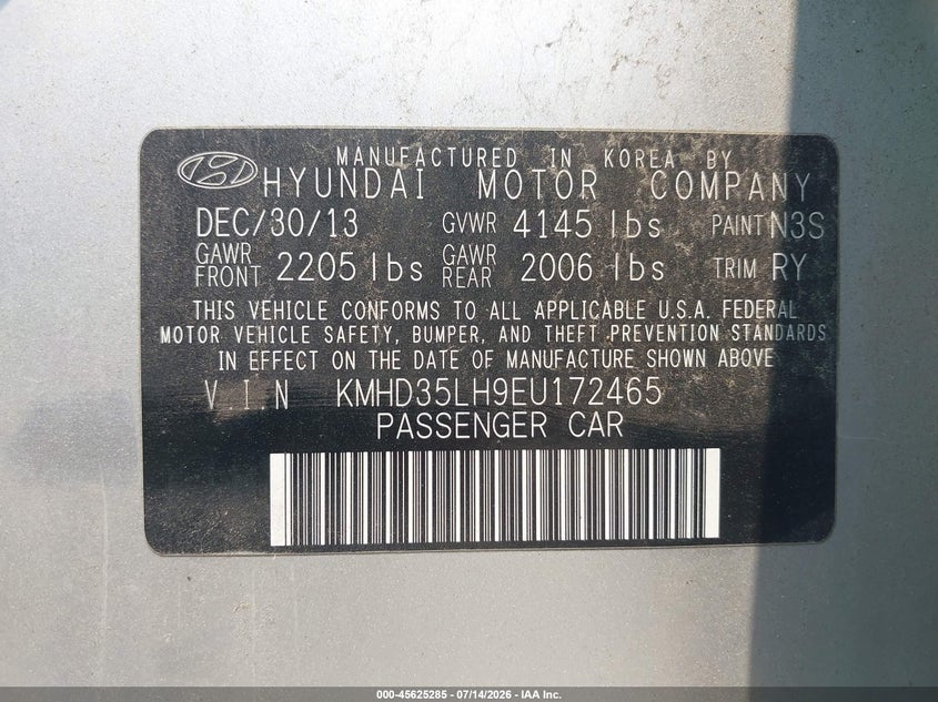 2014 Hyundai Elantra VIN KMHD35LH9EU172465 IAAI salvage auction — FRONT END, Salvage Title, sold $650 on 2026-07-29 (photo 9)