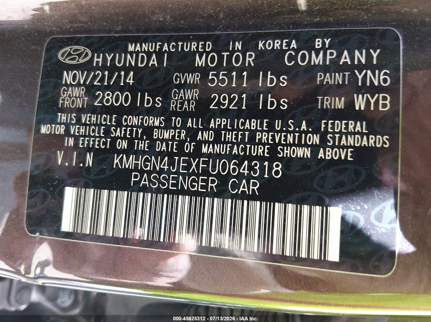 2015 Hyundai Genesis VIN KMHGN4JEXFU064318 IAAI salvage auction — NORMAL WEAR, Original (Ohio), sold $1,050 on 2026-07-30 (photo 9)