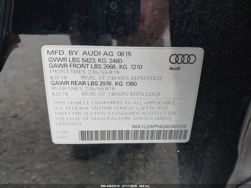 2016 Audi Q5 VIN WA1L2AFP4GA048259 IAAI salvage auction — REAR END, Bill Of Sale (Washington), sold $525 on 2026-07-29 (photo 9)