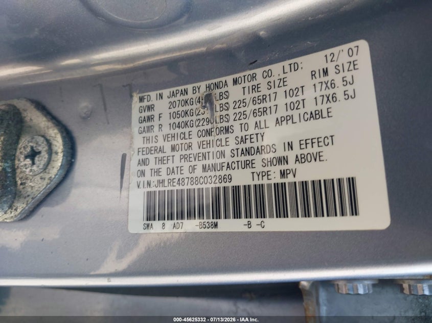 2008 Honda Cr-v VIN JHLRE48788C032869 IAAI salvage auction — NORMAL WEAR, Clear (Pennsylvania), sold $575 on 2026-07-24 (photo 9)
