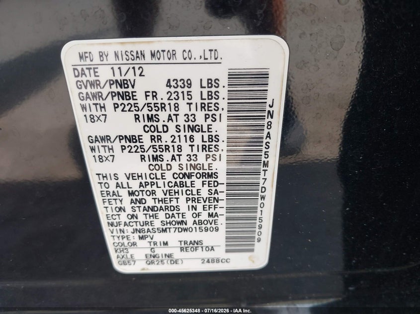 2013 Nissan Rogue VIN JN8AS5MT7DW015909 IAAI salvage auction — RIGHT FRONT, Salvage Title, sold $525 on 2026-07-29 (photo 9)