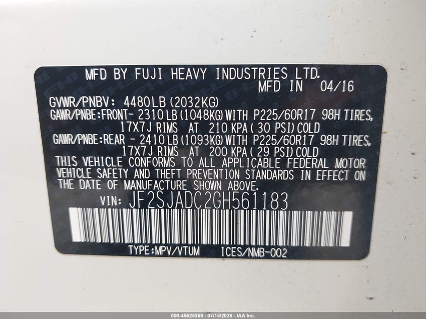 2016 Subaru Forester VIN JF2SJADC2GH561183 IAAI salvage auction — NORMAL WEAR, Clear (Oklahoma), sold $25 on 2026-07-21 (photo 9)