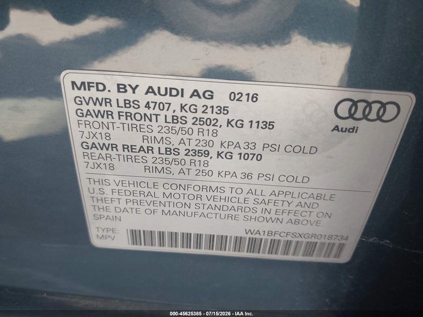 2016 Audi Q3 VIN WA1BFCFSXGR018734 IAAI salvage auction — NORMAL WEAR, Clear-Dealer Only (North Carolina), sold $2,500 on 2026-07-29 (photo 9)