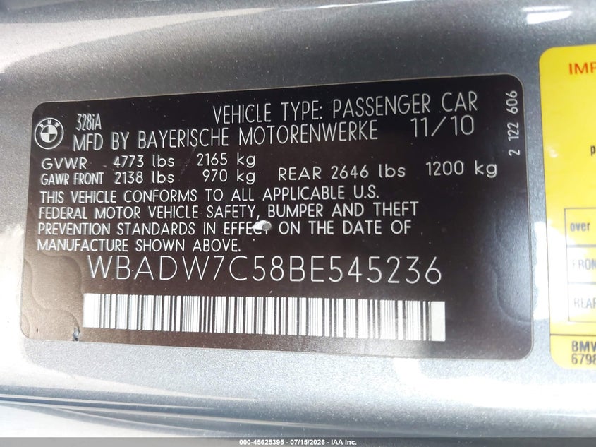 2011 BMW 3 series VIN WBADW7C58BE545236 IAAI salvage auction — FRONT END, Salvage Certificate (California), sold $1,175 on 2026-07-31 (photo 9)