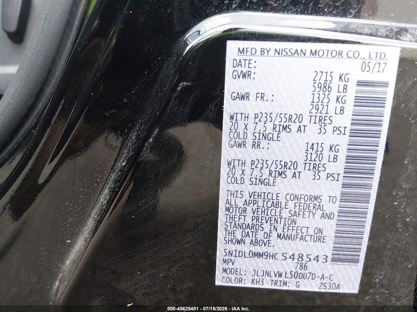 2017 Infiniti Qx60 VIN 5N1DL0MM9HC548543 IAAI salvage auction — LEFT SIDE, Salvage Title, sold $2,975 on 2026-08-28 (photo 9)