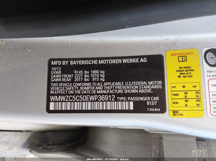 2014 Mini Countryman VIN WMWZC5C50EWP36912 IAAI salvage auction — NORMAL WEAR, Clear (Tennessee), sold $25 on 2026-07-23 (photo 9)