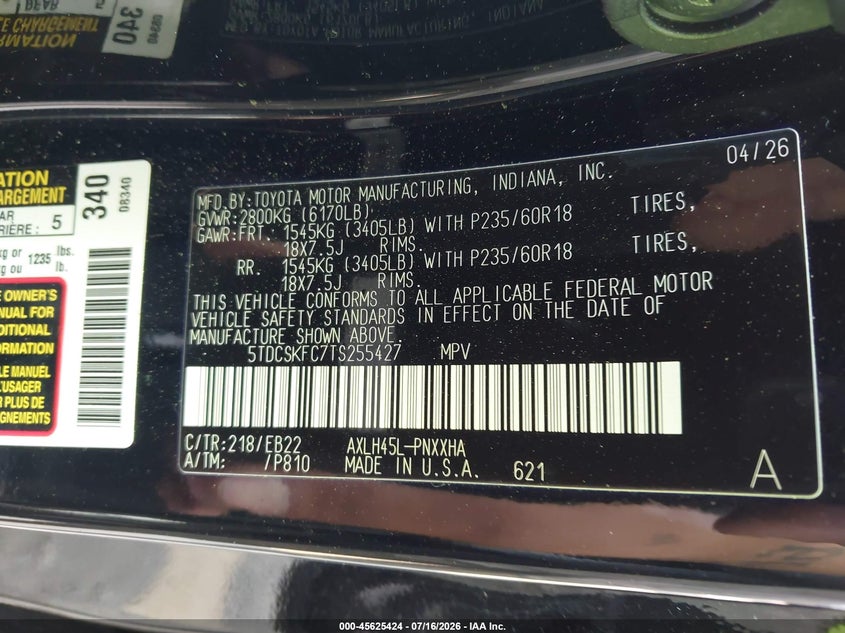 2026 Toyota Sienna VIN 5TDCSKFC7TS255427 IAAI salvage auction — FRONT END, Salvage (Massachusetts), sold $18,150 on 2026-08-20 (photo 9)