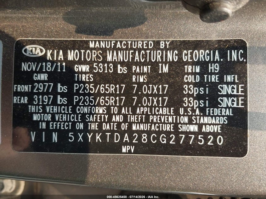 2012 Kia Sorento VIN 5XYKTDA28CG277520 IAAI salvage auction — NORMAL WEAR, Salvage Title, sold $1,100 on 2026-07-22 (photo 9)