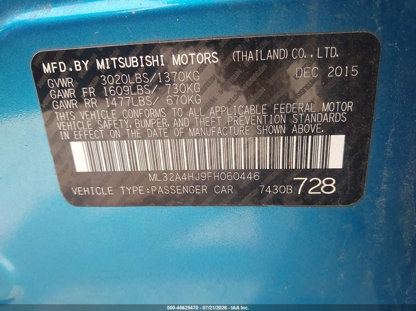 2015 Mitsubishi Mirage VIN ML32A4HJ9FH060446 IAAI salvage auction — NORMAL WEAR, Clear (Massachusetts), sold $850 on 2026-07-28 (photo 9)