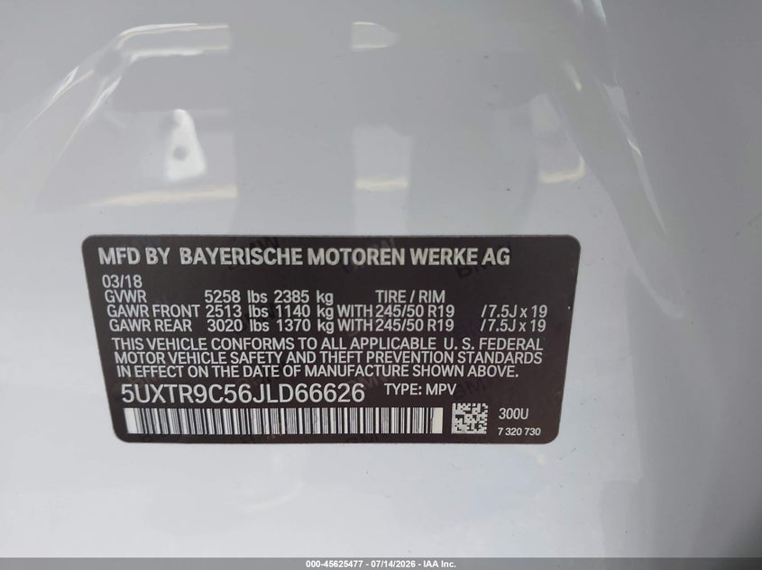 2018 BMW X3 VIN 5UXTR9C56JLD66626 IAAI salvage auction — LEFT FRONT, Rebuildable (Florida), sold $8,000 on 2026-07-31 (photo 9)